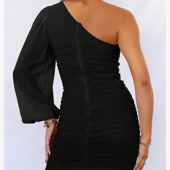 NWT LOGENE One Shoulder Puff Long Sleeve Ruched Bodycon Mini Dress - Picture 4 of 9